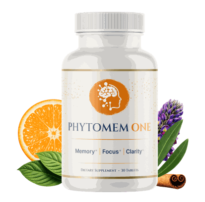 Bottle of Phytomem One dietary supplement, 30 tablets, with orange, olive leaf and cinnamon